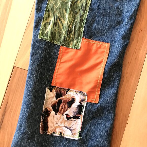 Children's Pants, Size 10 Husky: Upcycled Puppies Baseball Theme Patchwork Jeans - Picture 12 of 16
